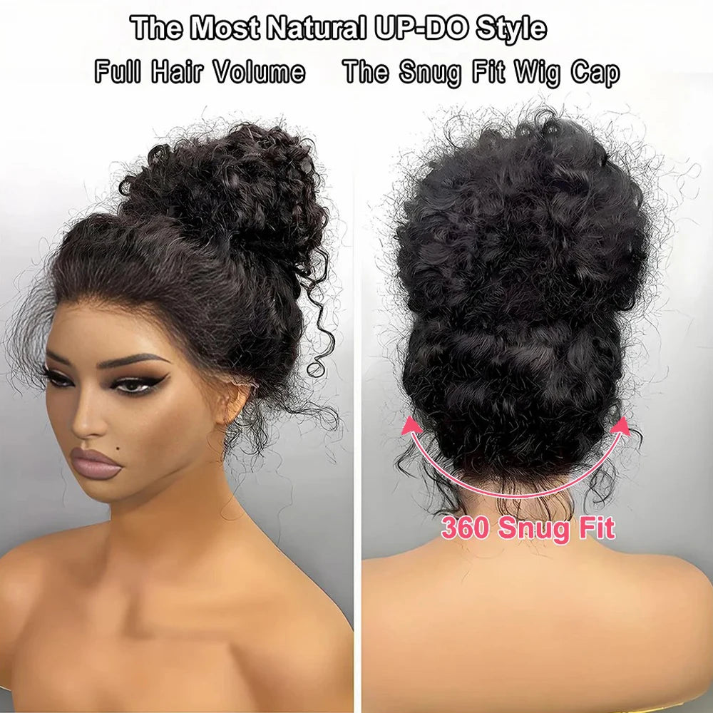 360 HD Deep Wave Human Hair Wig – Invisible Pre-Plucked Glueless Full Lace Curly Wig with Adjustable Drawstring for Women