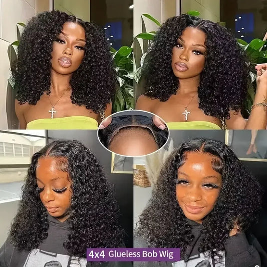 4×4 Glueless Curly Bob Human Hair Wig – Pre-Cut Lace, Ready to Wear