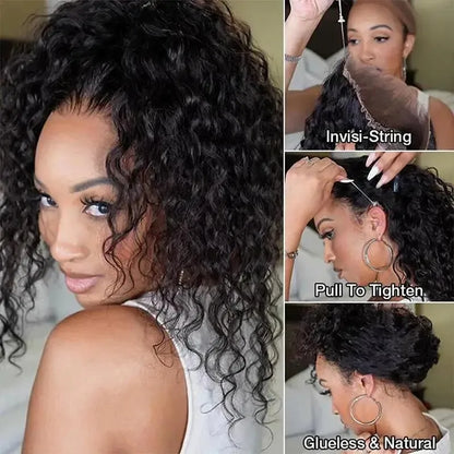 360 HD Deep Wave Human Hair Wig – Invisible Pre-Plucked Glueless Full Lace Curly Wig with Adjustable Drawstring for Women