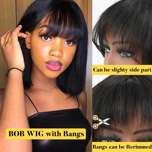 Sleek & Stylish: 3-in-1 Bone Straight Short Bob Human Hair Wig with Bangs – Glueless & Full Machine-Made